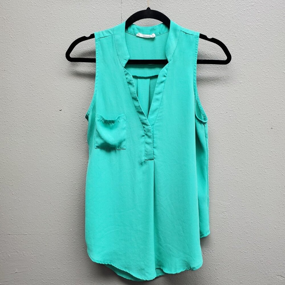 Lush Sleeveless Blouse Womens Small Aqua Green V Neck Pocket Flowy Tunic Top